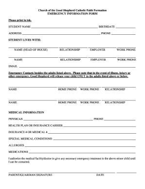 Catholic Faith Formation Emergency Information Form