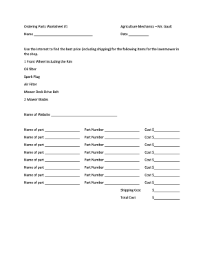 Lawnmower Parts Ordering Worksheet