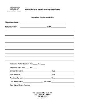 Physician Telephone Orders Form