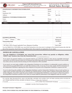 Organo Gold Retail Sales Receipt
