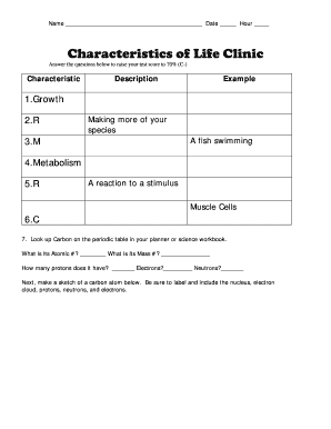 Characteristics of Life Clinic Worksheet