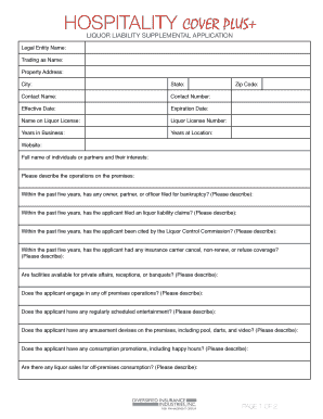 Hospitality Cover Plus Liquor Liability Supplemental Application