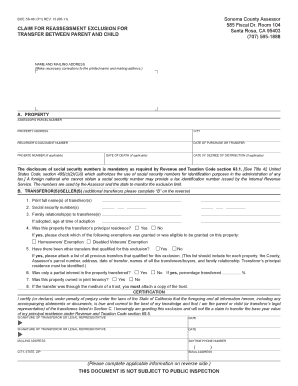 California Claim for Reassessment Exclusion for Transfer Between Parent and Child