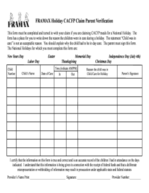 CACFP Holiday Claim Parent Verification