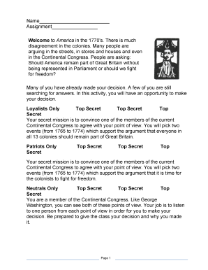 American Revolution Role Assignment Activity