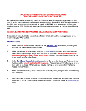 AAU Certificate of Liability Insurance Application