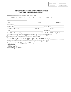 Virginia State Reading Association Membership Form