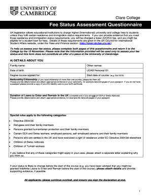 Clare College Fee Status Assessment Questionnaire