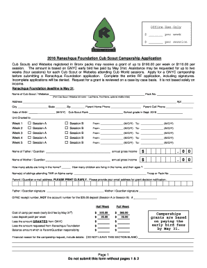 Office Use Only $ per week $ per session 2016 Ranachqua Foundation Cub Scout Campership Application Cub Scouts and Webelos registered in Bronx packs may receive a grant of up to $190 - ranachquafoundation