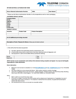 Return Material Authorisation Form
