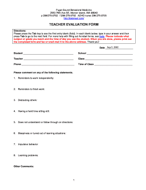Teacher Evaluation Form for ADHD Students