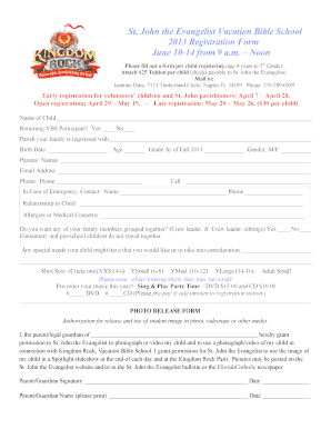 John the Evangelist Vacation Bible School 2013 Registration Form June 1014 from 9 a