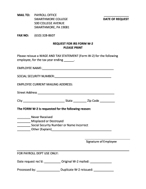 Request for IRS Form W-2 Reissue