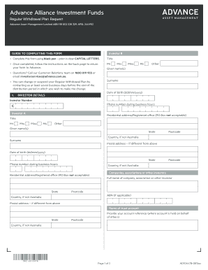 Advance Alliance Investment Funds Regular Withdrawal Plan Request