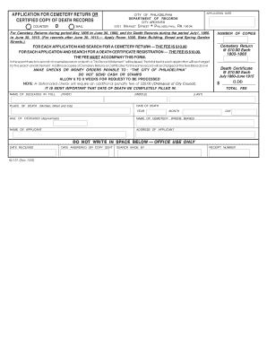 Philadelphia Cemetery Return or Death Certificate Application