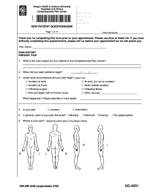 Oregon Health Pain Center New Patient Questionnaire
