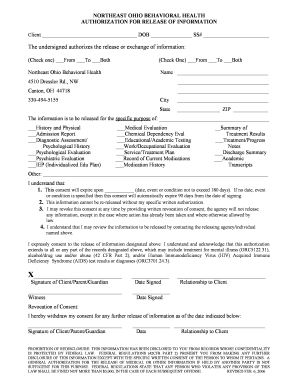 Northeast Ohio Behavioral Health Authorization for Release of Information
