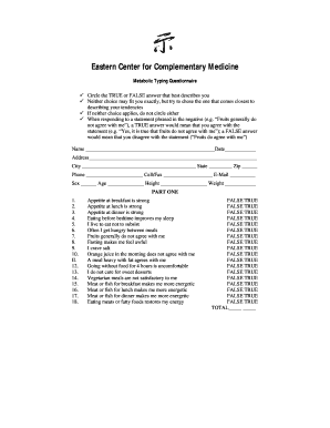 Metabolic Typing Questionnaire