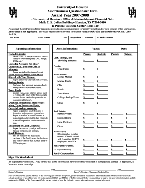 University of Houston Asset Business Questionnaire Form