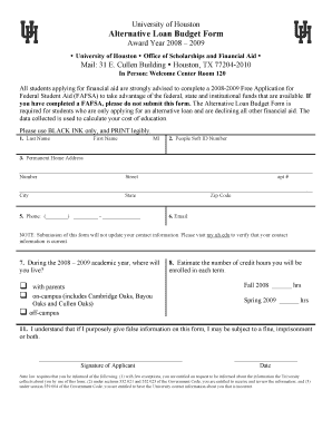 University of Houston Alternative Loan Budget Form