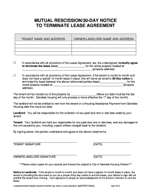 Mutual Rescission 30-Day Notice to Terminate Lease