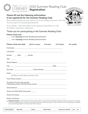 Summer Reading Club Registration Form