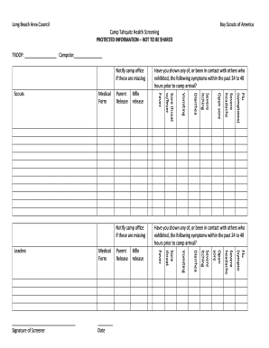 Camp Tahquitz Health Screening Form