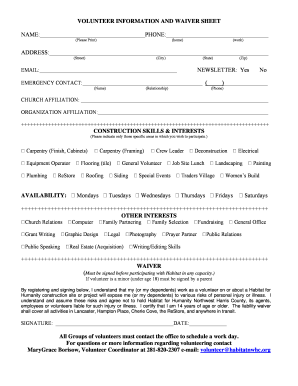 Volunteer Information and Waiver Sheet