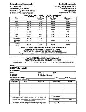 Bob Johnson Photography Order Form