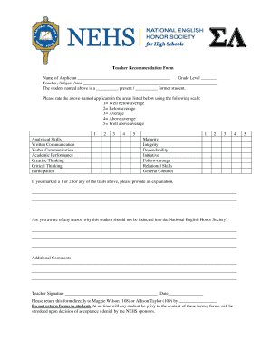 Teacher Recommendation Form