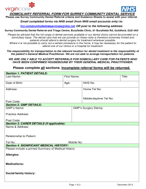 Domiciliary Referral Form for Surrey Community Dental Service