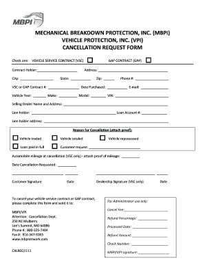 Vehicle Service Contract Cancellation Request Form
