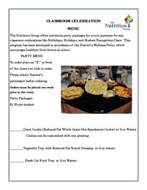 Classroom Celebration Party Menu