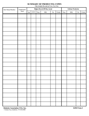 Holstein Cow Production Record Form
