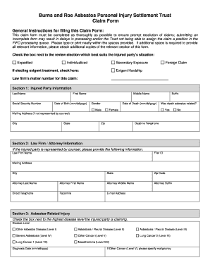 Burns and Roe Asbestos Personal Injury Claim Form