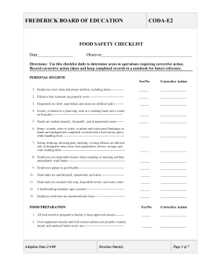 Frederick Board of Education Food Safety Checklist