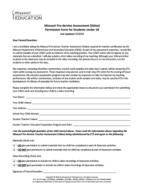 Missouri Pre-Service Teacher Assessment Permission Form
