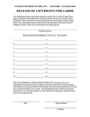 Release of Lien Rights for Labor
