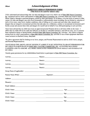 Minor Acknowledgement of Risk Form