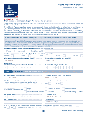 UK General Visitor Visa Application Form VAF1A