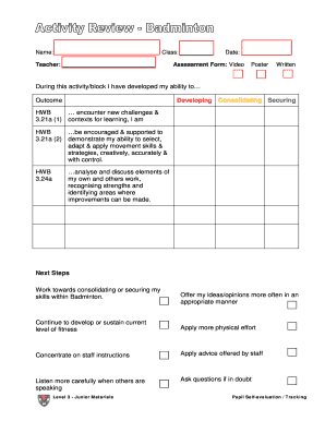Pupil Self-Evaluation Badminton Form