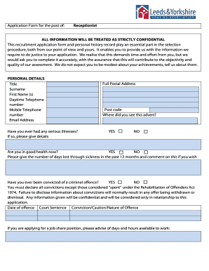 Receptionist Job Application Form