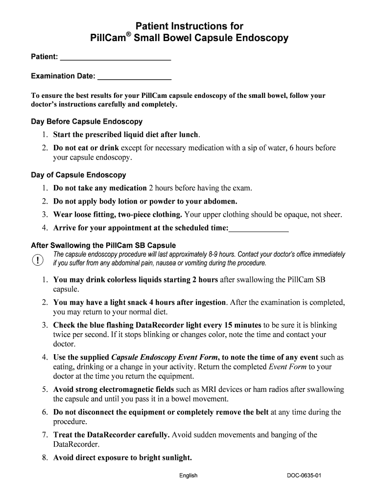 Fillable Online digestivehealth Patient Instructions for PillCam Small