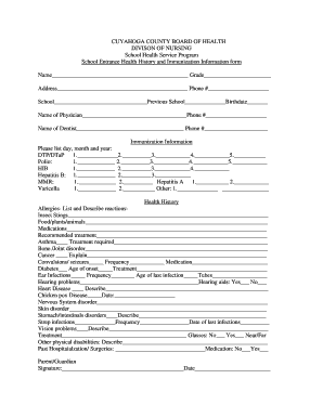 School Entrance Health History and Immunization Information Form