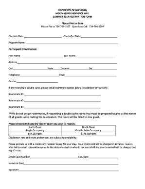 University of Michigan Summer 2014 Reservation Form