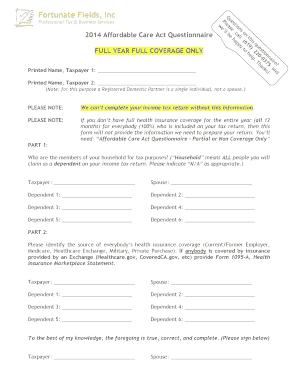 2014 Affordable Care Act Questionnaire