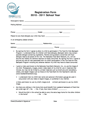 Food for Kids Backpack Program Registration Form