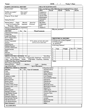 Health Maintenance Habits and Social History Form