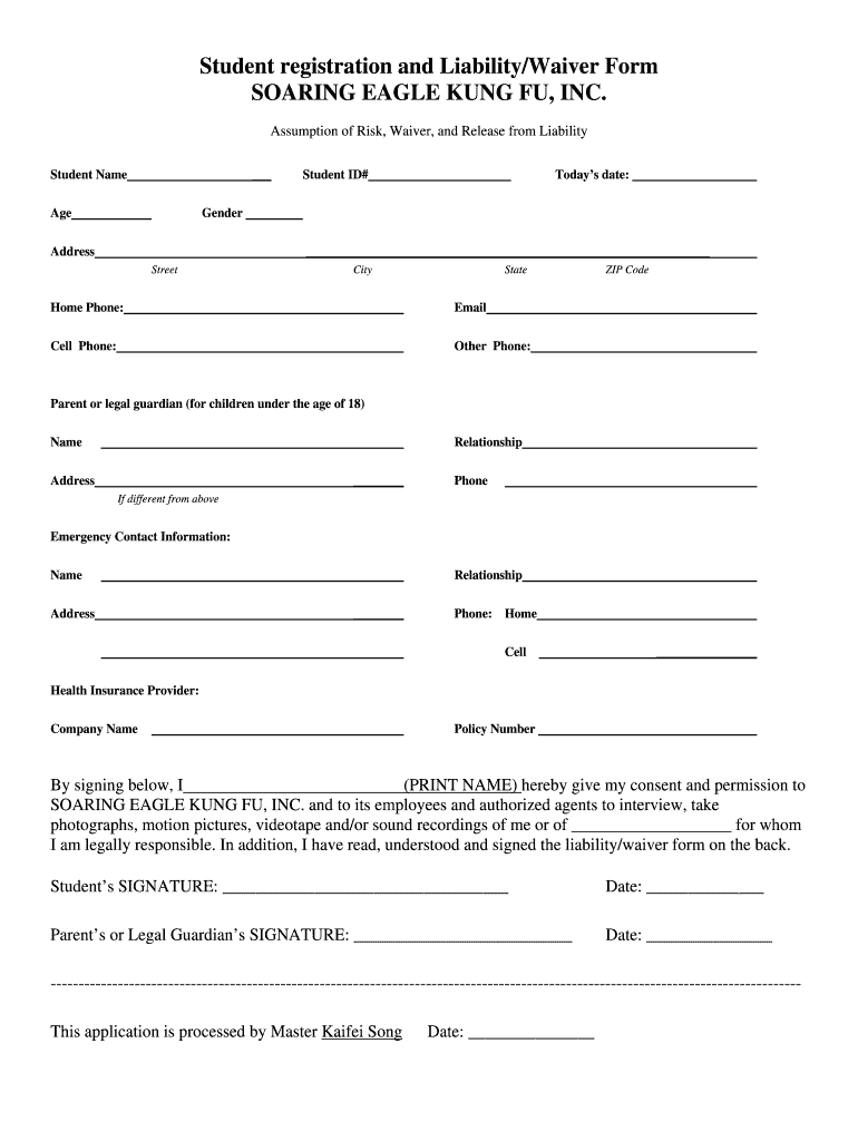 Fillable Online Student registration and LiabilityWaiver bFormb SOARING bEAGLEb bb Fax Email ...