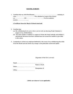 Hostel Subsidy Certificate